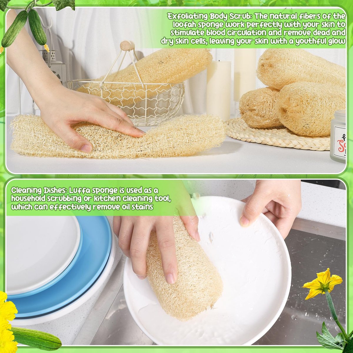 ZhouBoat 11.8 Inches Natural Loofah Sponges Pack of 6 for Kitchen Dishes Body Scrubber Avelisse