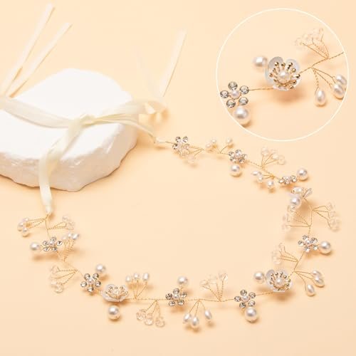 Darlingao Pearl Wedding Headpiece for Women - Elegant Gold Hair Accessory with Pearls, Flowers & Rhinestones for Bridal, Engagement, Prom & Formal Events - görsel 4