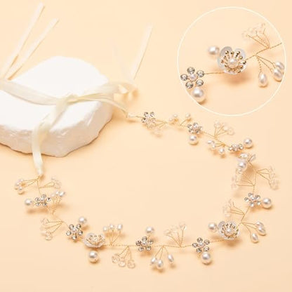 Darlingao Pearl Wedding Headpiece for Women - Elegant Gold Hair Accessory with Pearls, Flowers & Rhinestones for Bridal, Engagement, Prom & Formal Events
