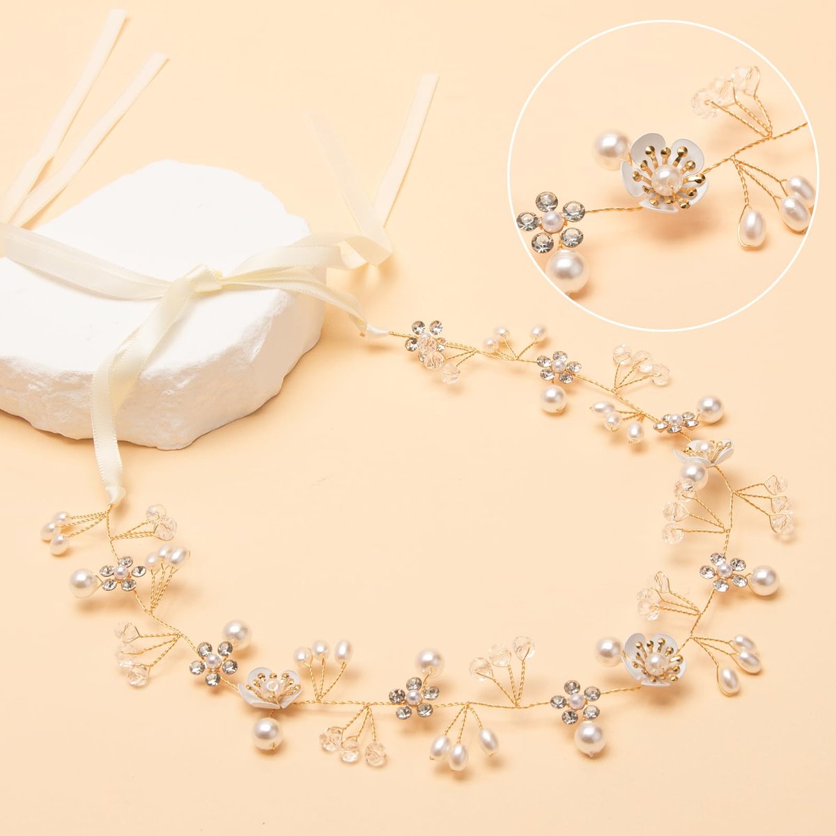 Darlingao Pearl Wedding Headpiece for Women - Elegant Gold Hair Accessory with Pearls, Flowers & Rhinestones for Bridal, Engagement, Prom & Formal Events - görsel 3