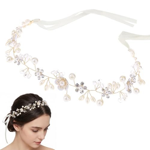 Darlingao Pearl Wedding Headpiece for Women - Elegant Gold Hair Accessory with Pearls, Flowers & Rhinestones for Bridal, Engagement, Prom & Formal Events - görsel 2