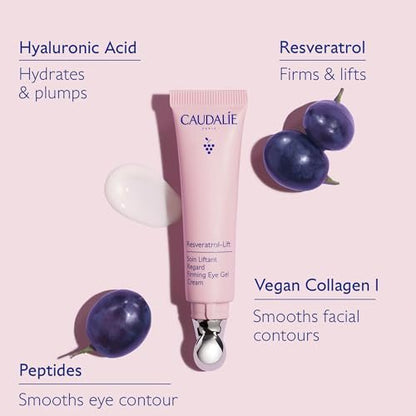 Caudalie Resveratrol-Lift Firming Depuffing Eye Gel Cream with Peptides, Hyaluronic Acid, and Vegan Collagen - 15 mL Avelisse