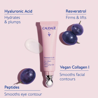 Caudalie Resveratrol-Lift Firming Depuffing Eye Gel Cream with Peptides, Hyaluronic Acid, and Vegan Collagen - 15 mL Avelisse