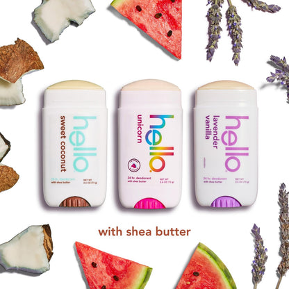 hello Deodorant Variety Pack – Aluminum Free, Baking Soda Free Deodorant for Women and Men – Lavender Vanilla, Sweet Coconut, Unicorn – 3 x 2.6 oz Sticks
