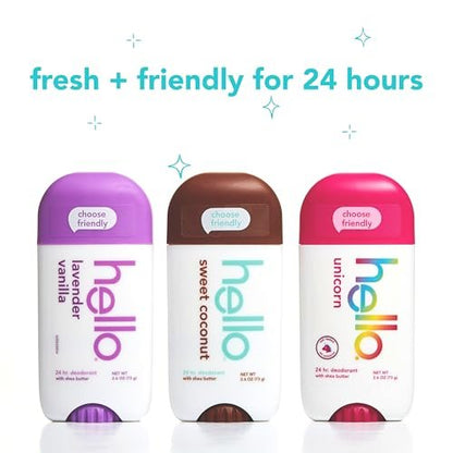 hello Deodorant Variety Pack – Aluminum Free, Baking Soda Free Deodorant for Women and Men – Lavender Vanilla, Sweet Coconut, Unicorn – 3 x 2.6 oz Sticks
