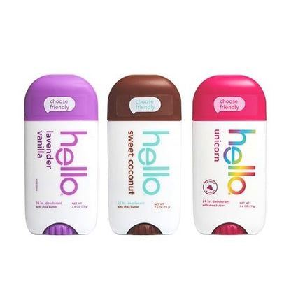 hello Deodorant Variety Pack – Aluminum Free, Baking Soda Free Deodorant for Women and Men – Lavender Vanilla, Sweet Coconut, Unicorn – 3 x 2.6 oz Sticks