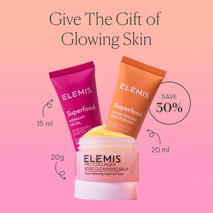 ELEMIS Way to Glow Exclusive Skincare Kit - Travel Set with Rose Cleansing Balm, Glow Priming Moisturizer & Midnight Facial Avelisse