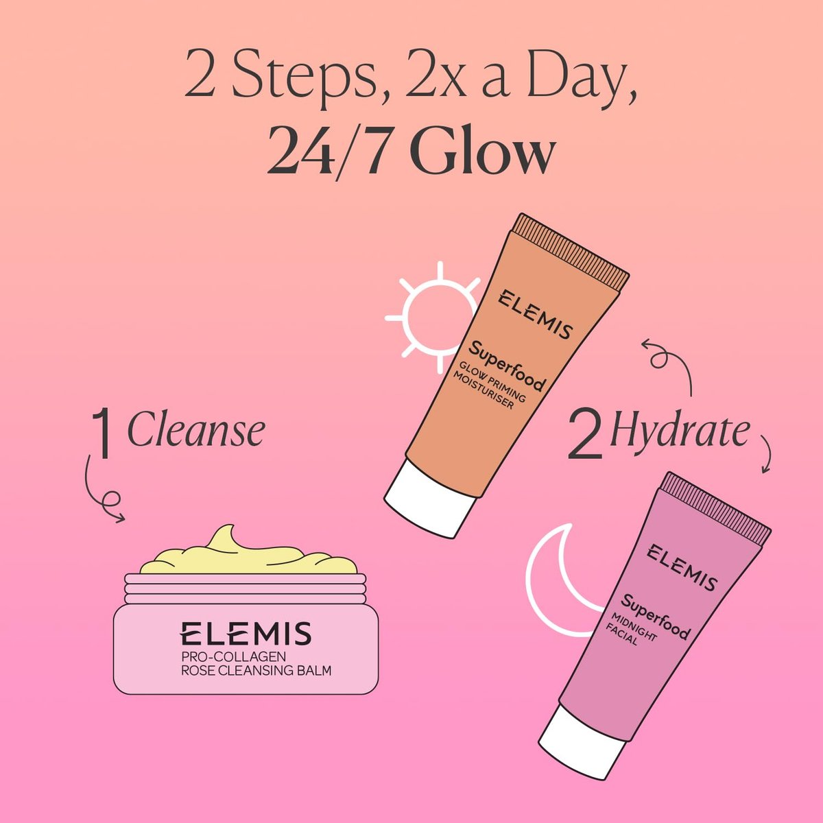 ELEMIS Way to Glow Exclusive Skincare Kit - Travel Set with Rose Cleansing Balm, Glow Priming Moisturizer & Midnight Facial Avelisse