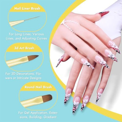 Finea Nail Art Brushes and Dotting Tools 6pcs Set - Gold Blue | Professional Acrylic & Polygel Brushes