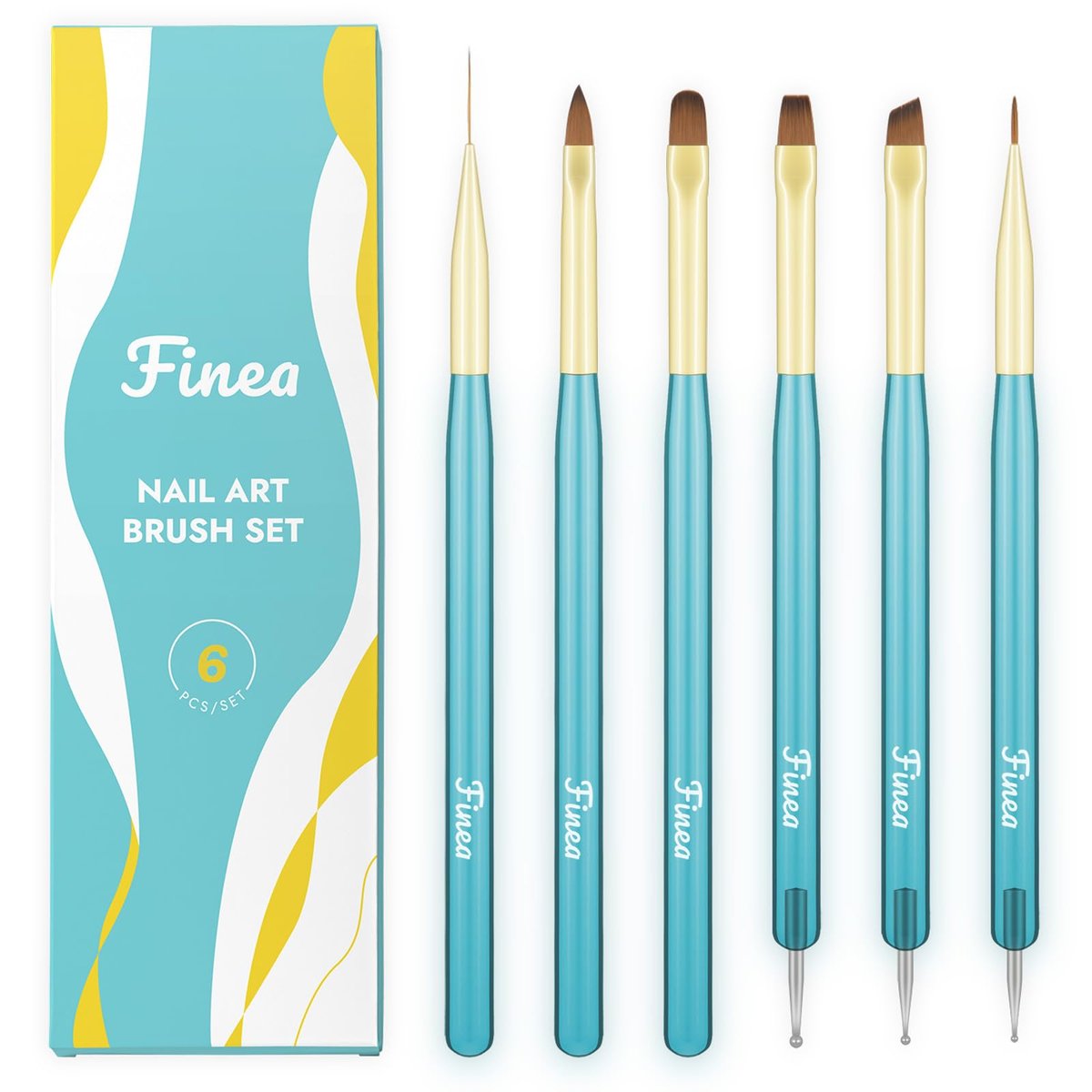 Finea Nail Art Brushes and Dotting Tools 6pcs Set - Gold Blue | Professional Acrylic & Polygel Brushes - görsel 1