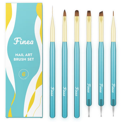 Finea Nail Art Brushes and Dotting Tools 6pcs Set - Gold Blue | Professional Acrylic & Polygel Brushes