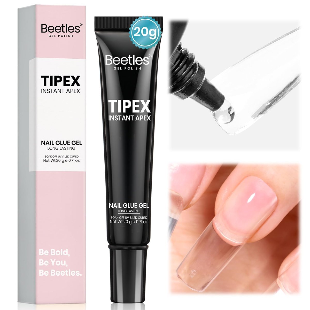 Beetles Tipex Nail Glue 20g - Super Strong Solid Gel for Nail Tips, Soak-Off UV, No Hand-Hold Needed, 28+ Days Lasting, Professional & Beginner-Friendly Avelisse