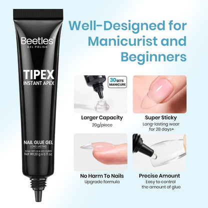 Beetles Tipex Nail Glue 20g - Super Strong Solid Gel for Nail Tips, Soak-Off UV, No Hand-Hold Needed, 28+ Days Lasting, Professional & Beginner-Friendly Avelisse
