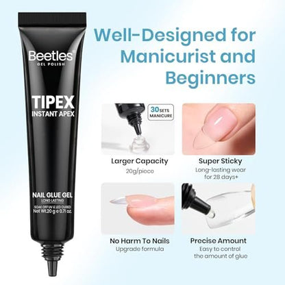Beetles Tipex Nail Glue 20g - Super Strong Solid Gel for Nail Tips, Soak-Off UV, No Hand-Hold Needed, 28+ Days Lasting, Professional & Beginner-Friendly Avelisse