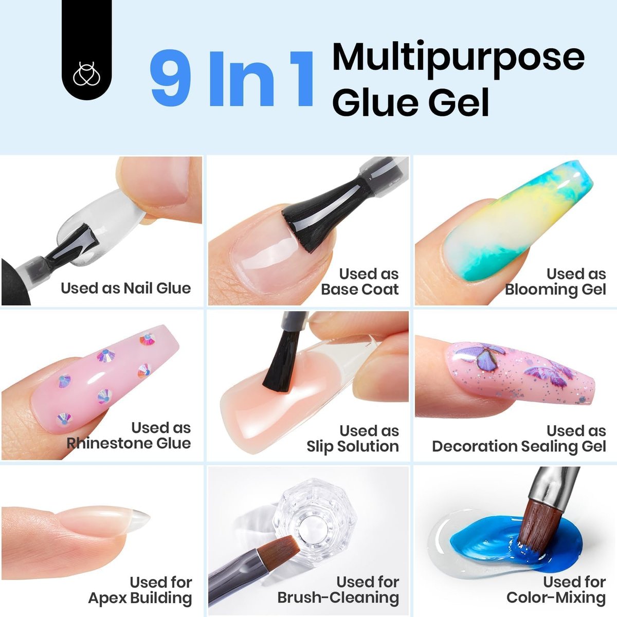 beetles Gel Polish 9 in 1 Gel Nail Glue for Clear Acrylic Nails Tips – Long Lasting Super Strong Brush Nail Glue for Fake Nails, Base Blooming Nail Gel, New Safe Formula, UV Light Cure - görsel 3