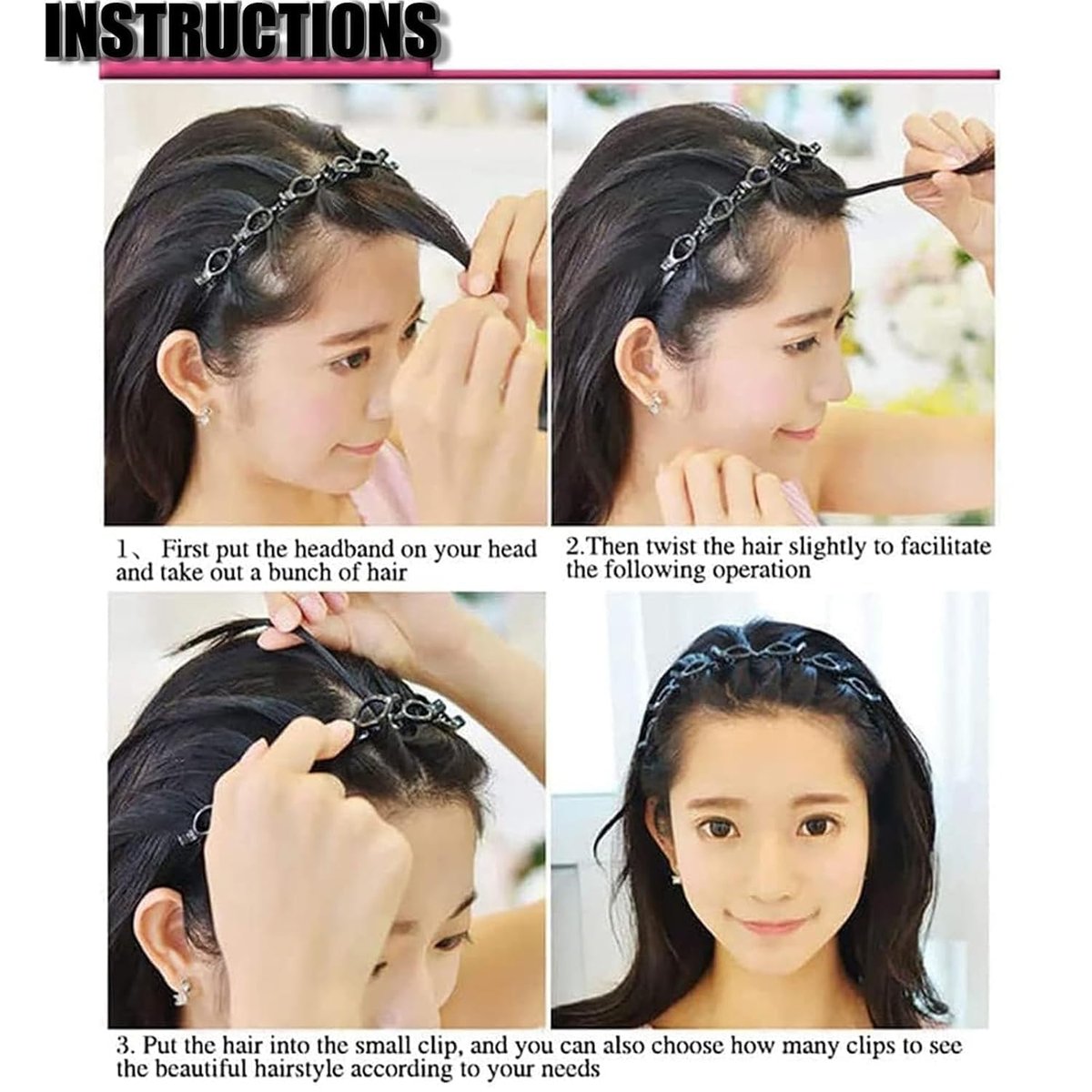 2-Pack Double Bangs Hairstyle Hairpin Headband with 8 Small Clips - Women's Double Layer Twist Plait Hair Tool for Curly, Thick Hair - Toothed Hair Bands Braid Tool, Black and Reddish Brown - görsel 17