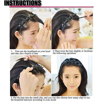 2-Pack Double Bangs Hairstyle Hairpin Headband with 8 Small Clips - Women's Double Layer Twist Plait Hair Tool for Curly, Thick Hair - Toothed Hair Bands Braid Tool, Black and Reddish Brown