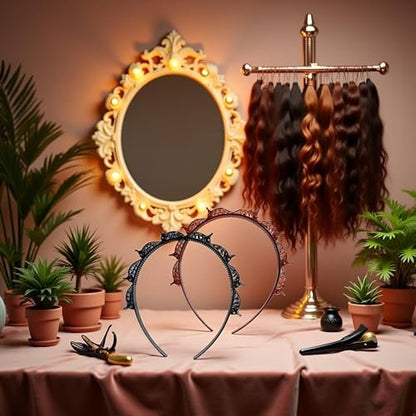 2-Pack Double Bangs Hairstyle Hairpin Headband with 8 Small Clips - Women's Double Layer Twist Plait Hair Tool for Curly, Thick Hair - Toothed Hair Bands Braid Tool, Black and Reddish Brown