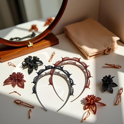 2-Pack Double Bangs Hairstyle Hairpin Headband with 8 Small Clips - Women's Double Layer Twist Plait Hair Tool for Curly, Thick Hair - Toothed Hair Bands Braid Tool, Black and Reddish Brown - görsel 4
