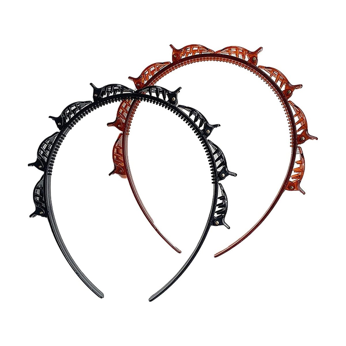 2-Pack Double Bangs Hairstyle Hairpin Headband with 8 Small Clips - Women's Double Layer Twist Plait Hair Tool for Curly, Thick Hair - Toothed Hair Bands Braid Tool, Black and Reddish Brown - görsel 1