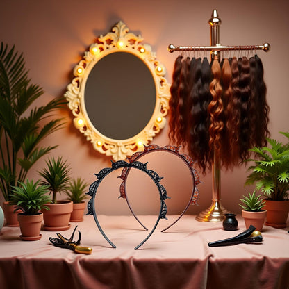 2-Pack Double Bangs Hairstyle Hairpin Headband with 8 Small Clips - Women's Double Layer Twist Plait Hair Tool for Curly, Thick Hair - Toothed Hair Bands Braid Tool, Black and Reddish Brown