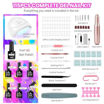VANREESA 115-Piece Gel Nail Polish Kit with UV Light & Nail Drill – Complete Starter Set with 40 All-Season Colors, Base & Top Coat, Almond Nail Tips, Gift for Women Avelisse