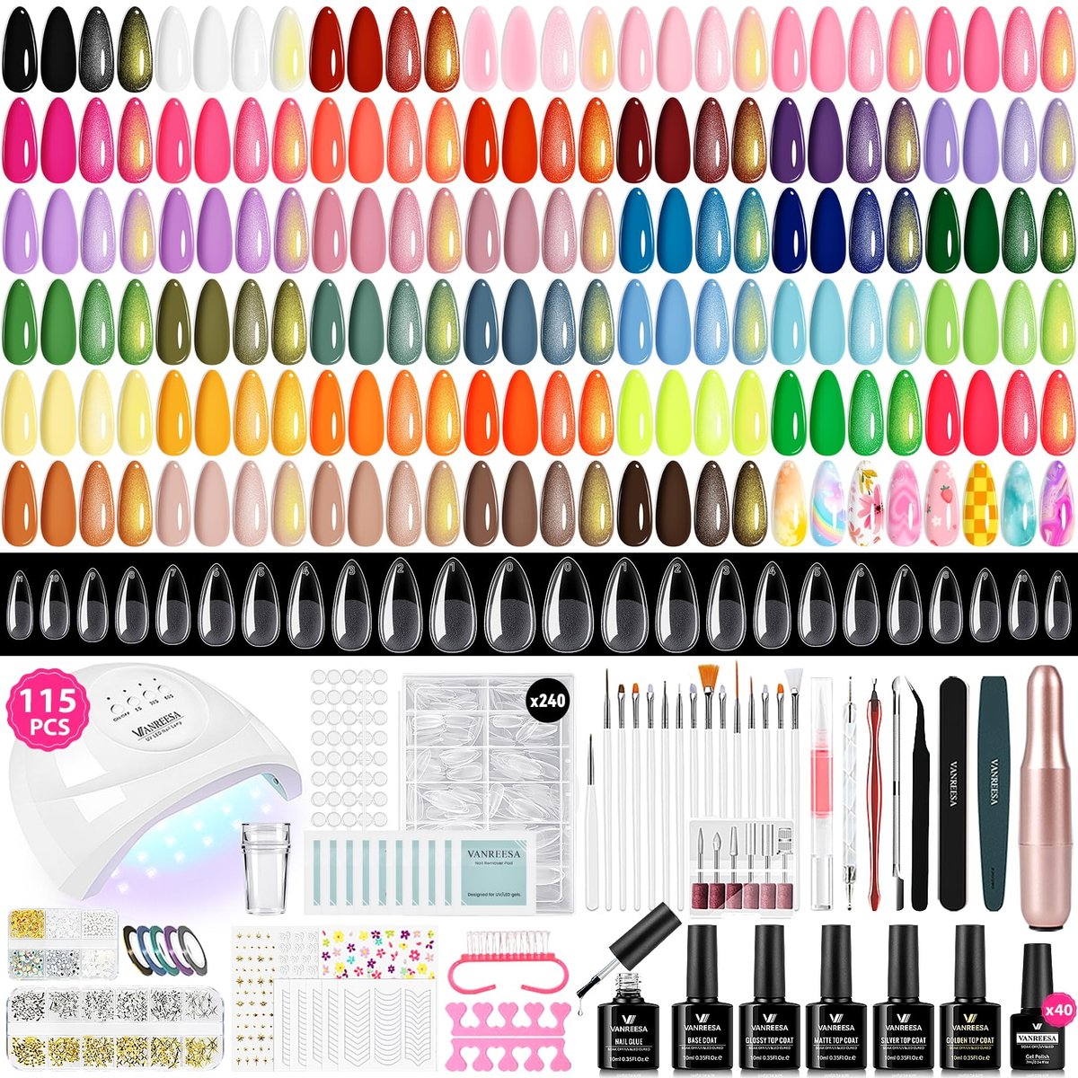 VANREESA 115-Piece Gel Nail Polish Kit with UV Light & Nail Drill – Complete Starter Set with 40 All-Season Colors, Base & Top Coat, Almond Nail Tips, Gift for Women Avelisse