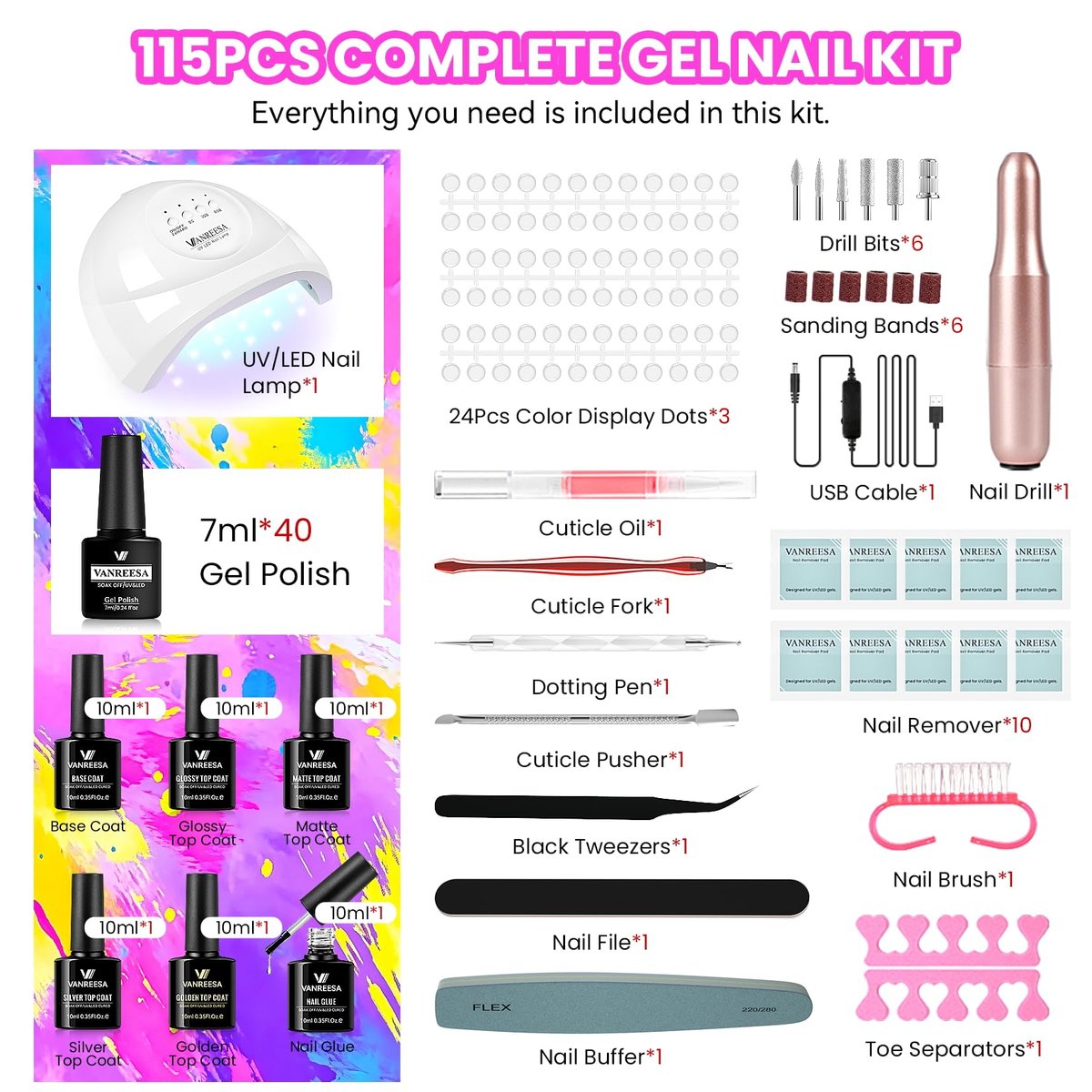 VANREESA 115-Piece Gel Nail Polish Kit with UV Light & Nail Drill – Complete Starter Set with 40 All-Season Colors, Base & Top Coat, Almond Nail Tips, Gift for Women Avelisse