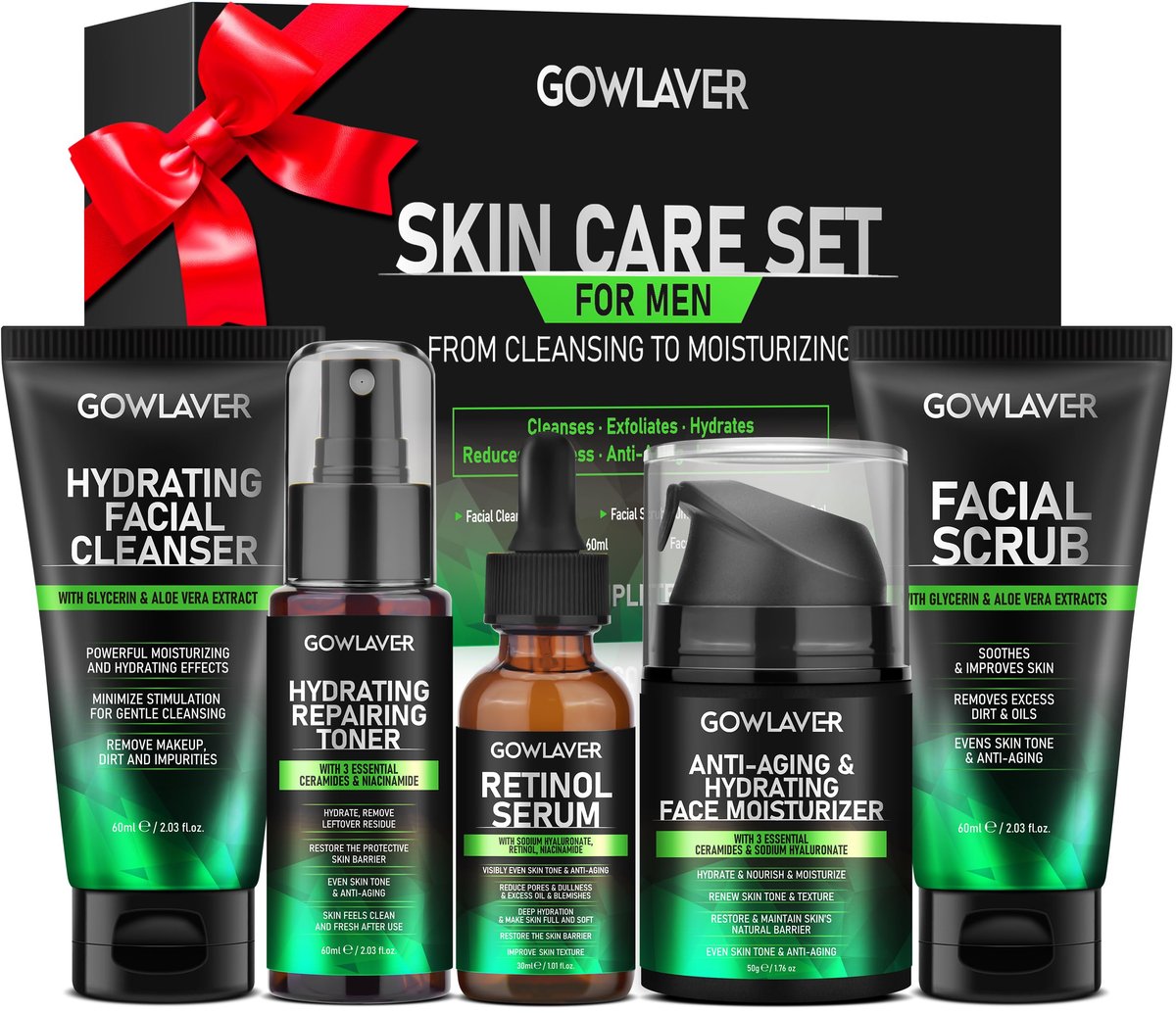 GOWLAVER Hydrating & Moisturizing Face Care Routine for Men – All Skin Types, Gift Set for Dad, Husband, Boyfriend (Green) Avelisse