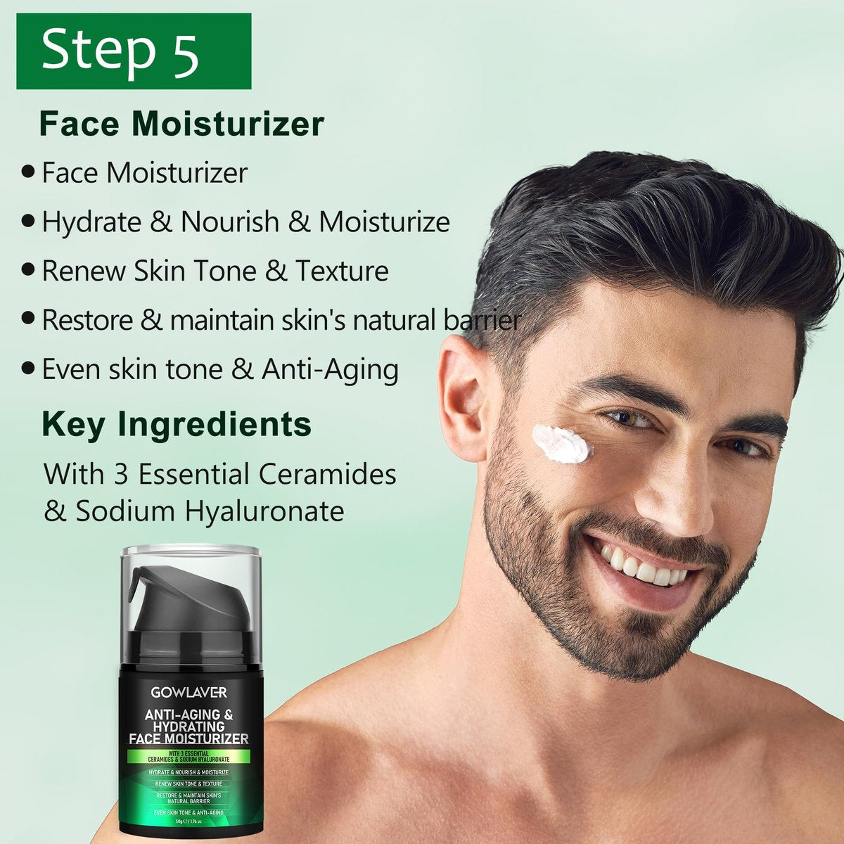 GOWLAVER Hydrating & Moisturizing Face Care Routine for Men – All Skin Types, Gift Set for Dad, Husband, Boyfriend (Green) Avelisse