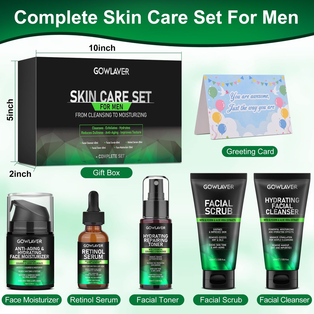 GOWLAVER Hydrating & Moisturizing Face Care Routine for Men – All Skin Types, Gift Set for Dad, Husband, Boyfriend (Green) Avelisse