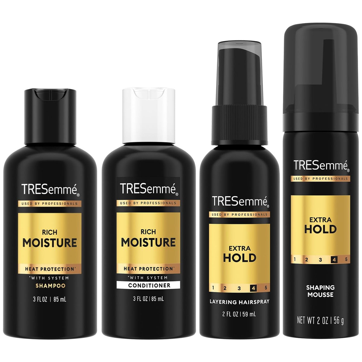 TRESemmé Rich Moisture Travel Shampoo, Conditioner, Hairspray & Hair Mousse – 4 Piece Set for 24H Frizz Control - görsel 1