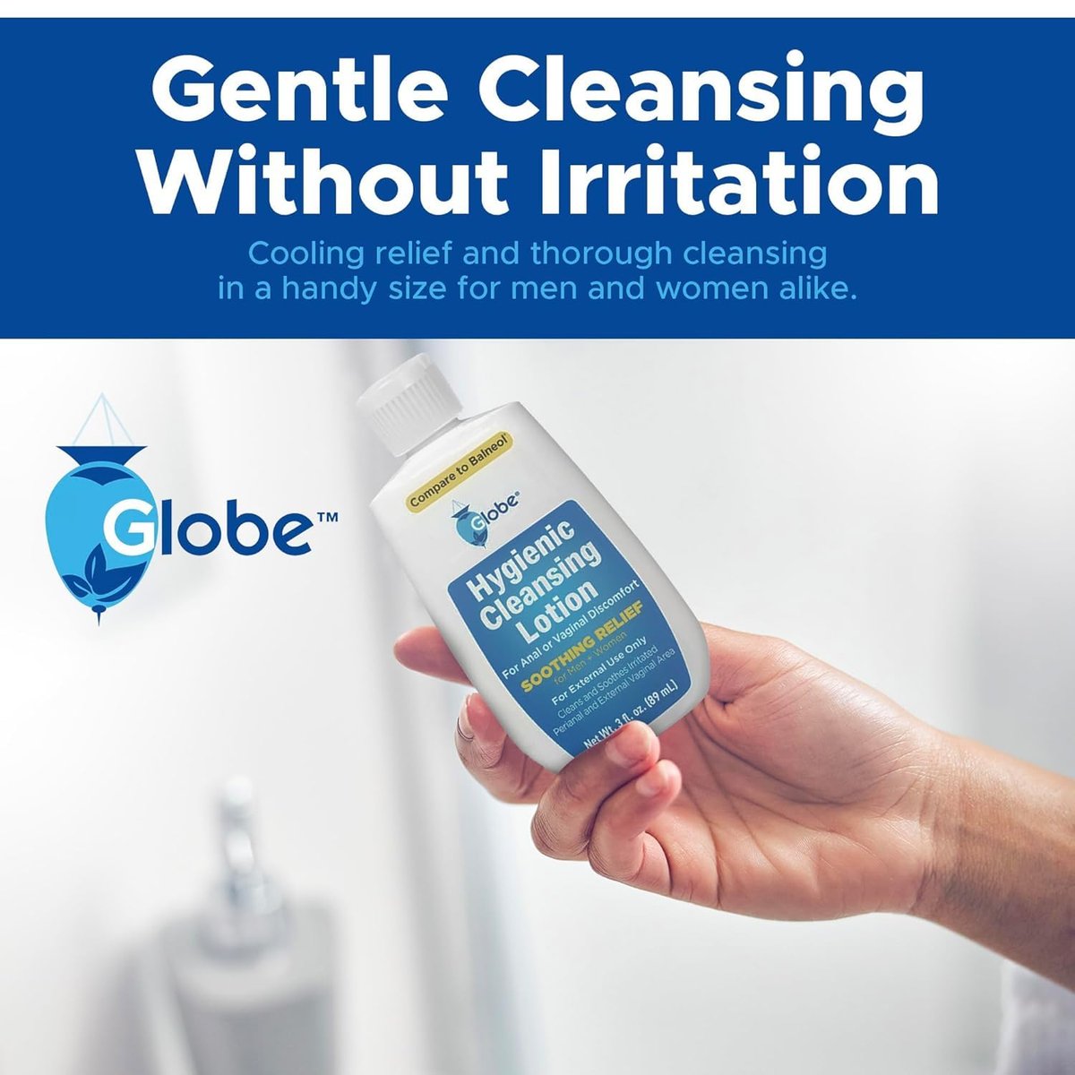 Globe Hygienic Cleansing Lotion for Men and Women – Cooling, Non-Irritating Personal Care Cleanser, Discomfort, Pain & Itch Relief for Sensitive Areas, Convenient for Travel, 3oz (Pack of 3) Avelisse