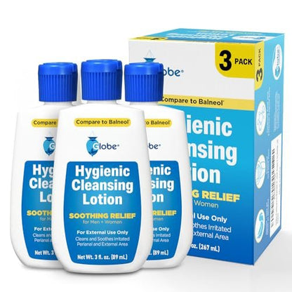 Globe Hygienic Cleansing Lotion for Men and Women – Cooling, Non-Irritating Personal Care Cleanser, Discomfort, Pain & Itch Relief for Sensitive Areas, Convenient for Travel, 3oz (Pack of 3) Avelisse