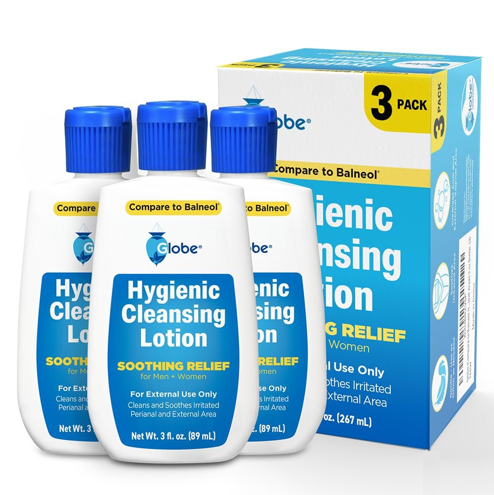 Globe Hygienic Cleansing Lotion for Men and Women – Cooling, Non-Irritating Personal Care Cleanser, Discomfort, Pain & Itch Relief for Sensitive Areas, Convenient for Travel, 3oz (Pack of 3) Avelisse