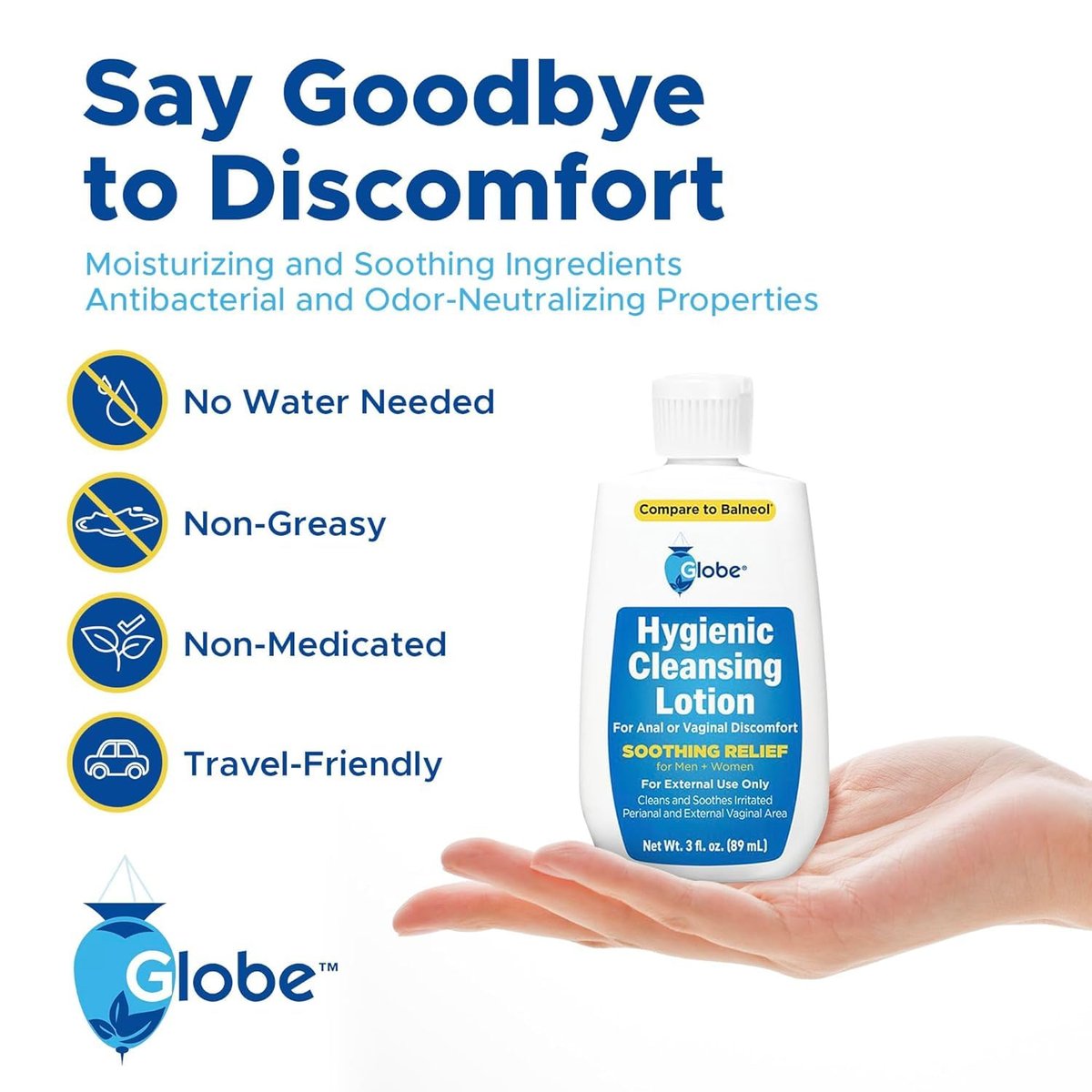 Globe Hygienic Cleansing Lotion for Men and Women – Cooling, Non-Irritating Personal Care Cleanser, Discomfort, Pain & Itch Relief for Sensitive Areas, Convenient for Travel, 3oz (Pack of 3) Avelisse