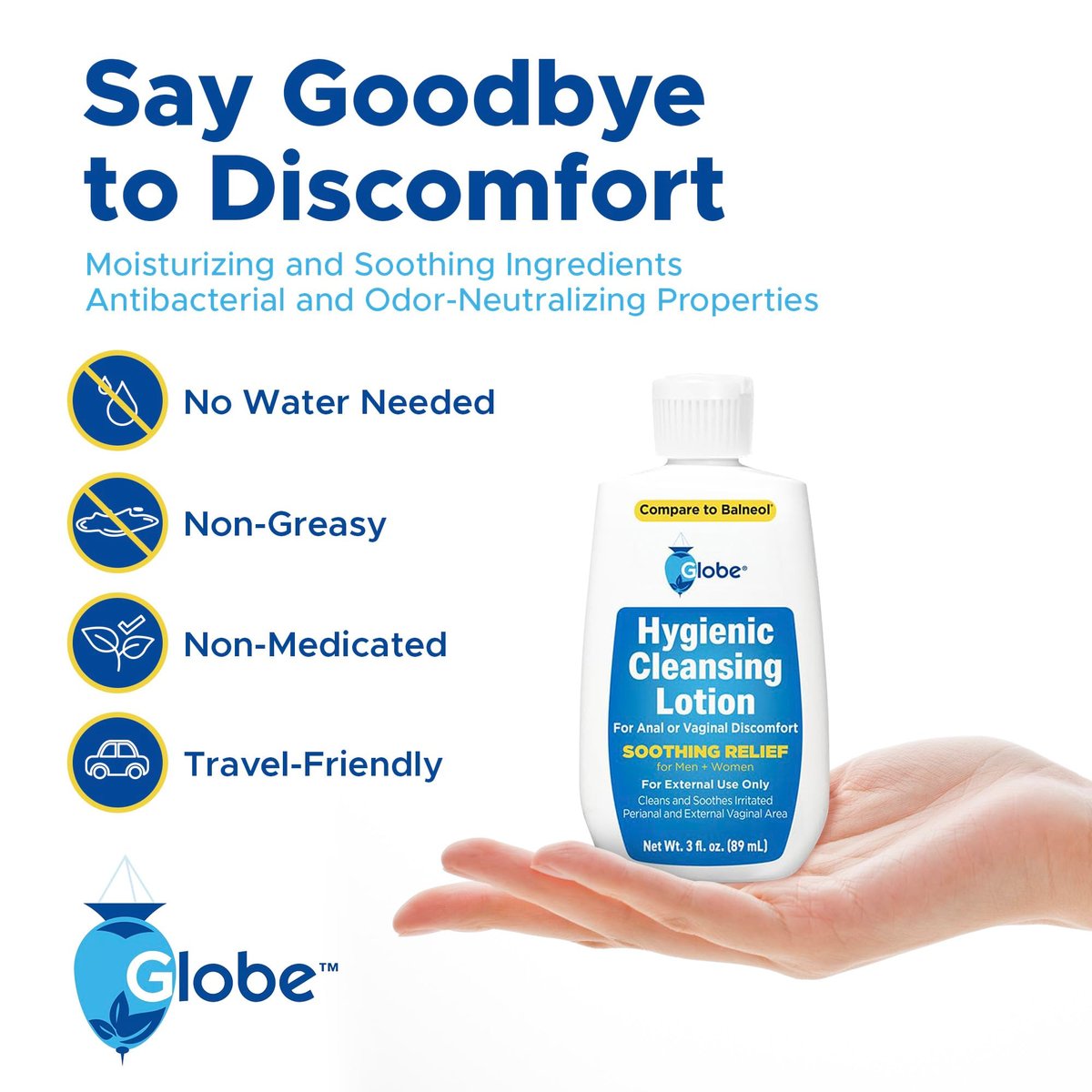 Globe Hygienic Cleansing Lotion – Cooling Relief for Sensitive Areas, Discomfort & Itch, Gentle Personal Care, 3 oz Travel Bottle - görsel 7