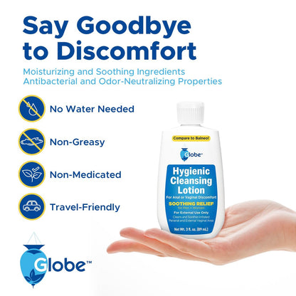 Globe Hygienic Cleansing Lotion – Cooling Relief for Sensitive Areas, Discomfort & Itch, Gentle Personal Care, 3 oz Travel Bottle