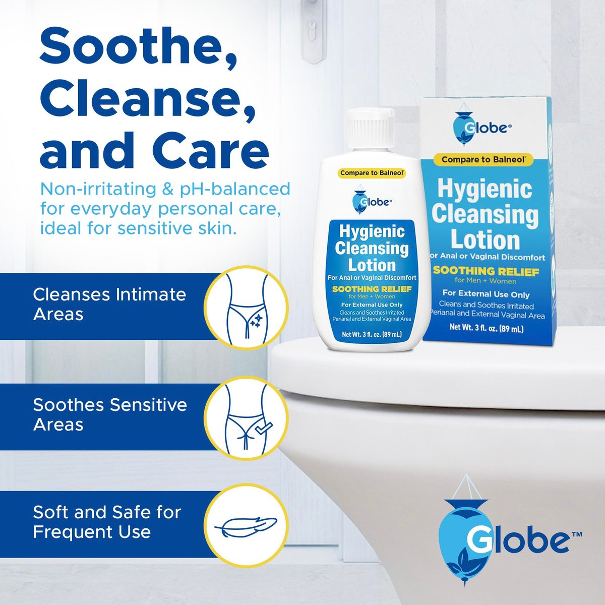 Globe Hygienic Cleansing Lotion – Cooling Relief for Sensitive Areas, Discomfort & Itch, Gentle Personal Care, 3 oz Travel Bottle - görsel 5
