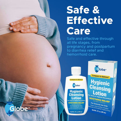 Globe Hygienic Cleansing Lotion – Cooling Relief for Sensitive Areas, Discomfort & Itch, Gentle Personal Care, 3 oz Travel Bottle