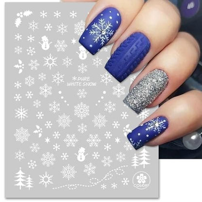 IDDFEVE Snowflake Nail Stickers - Christmas 3D Self-Adhesive Nail Art Decals, White Snowman Santa Elk Design for DIY Winter Manicure (6 Sheets)