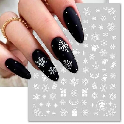 IDDFEVE Snowflake Nail Stickers - Christmas 3D Self-Adhesive Nail Art Decals, White Snowman Santa Elk Design for DIY Winter Manicure (6 Sheets)