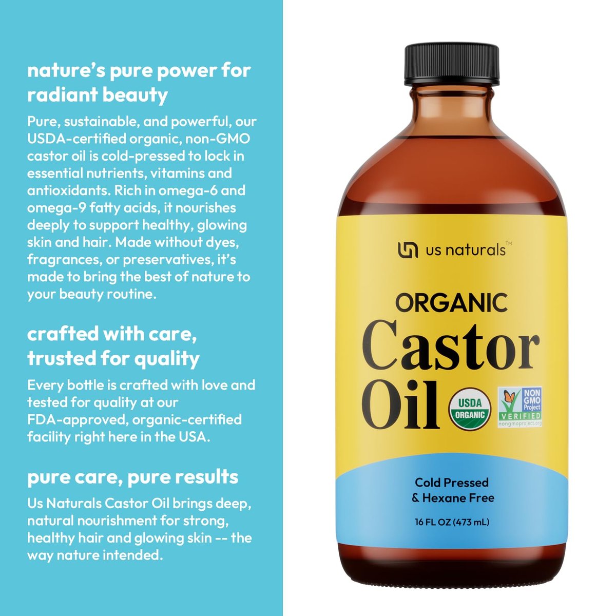 Us Naturals 16oz Organic Castor Oil – USDA Certified Organic & Non-GMO – 100% Pure, Cold-Pressed, Unrefined, Hexane-Free – Premium Oil for Skin, Hair, Lashes & Nails Avelisse