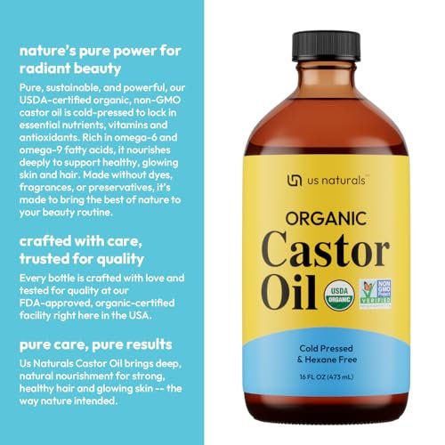 Us Naturals 16oz Organic Castor Oil – USDA Certified Organic & Non-GMO – 100% Pure, Cold-Pressed, Unrefined, Hexane-Free – Premium Oil for Skin, Hair, Lashes & Nails Avelisse