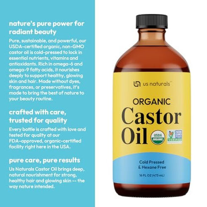 Us Naturals 16oz Organic Castor Oil – USDA Certified Organic & Non-GMO – 100% Pure, Cold-Pressed, Unrefined, Hexane-Free – Premium Oil for Skin, Hair, Lashes & Nails Avelisse