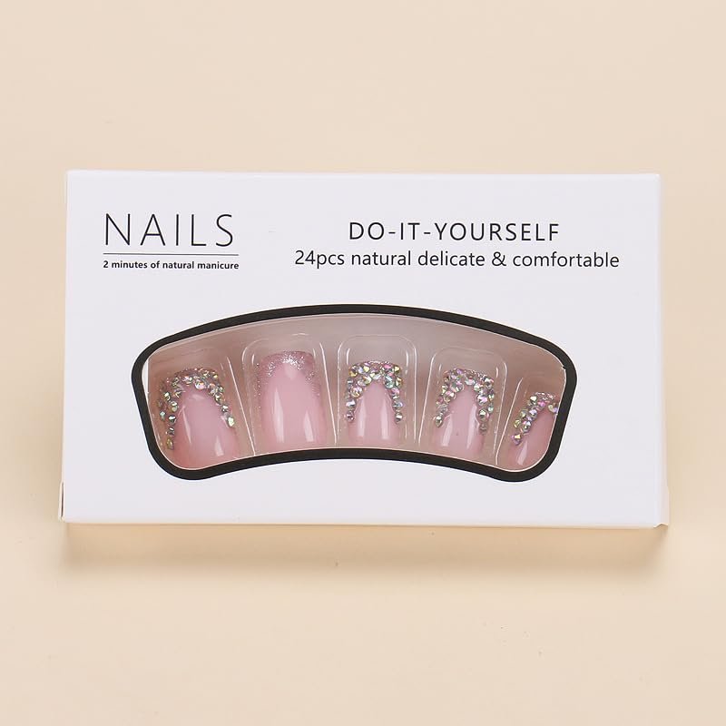 QQPPOLIU Short Press on Nails Square Rhinestone French Tips - Cute Fake Nails for Girls (Pink & Silver) - görsel 6