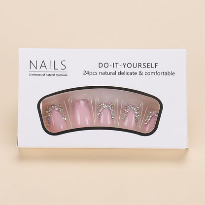 QQPPOLIU Short Press on Nails Square Rhinestone French Tips - Cute Fake Nails for Girls (Pink & Silver)