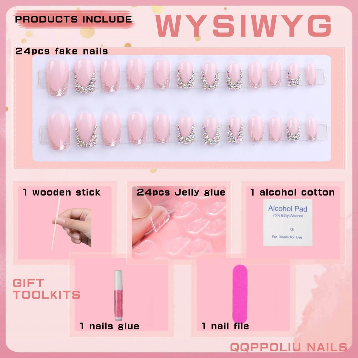 QQPPOLIU Short Press on Nails Square Rhinestone French Tips - Cute Fake Nails for Girls (Pink & Silver) - görsel 3