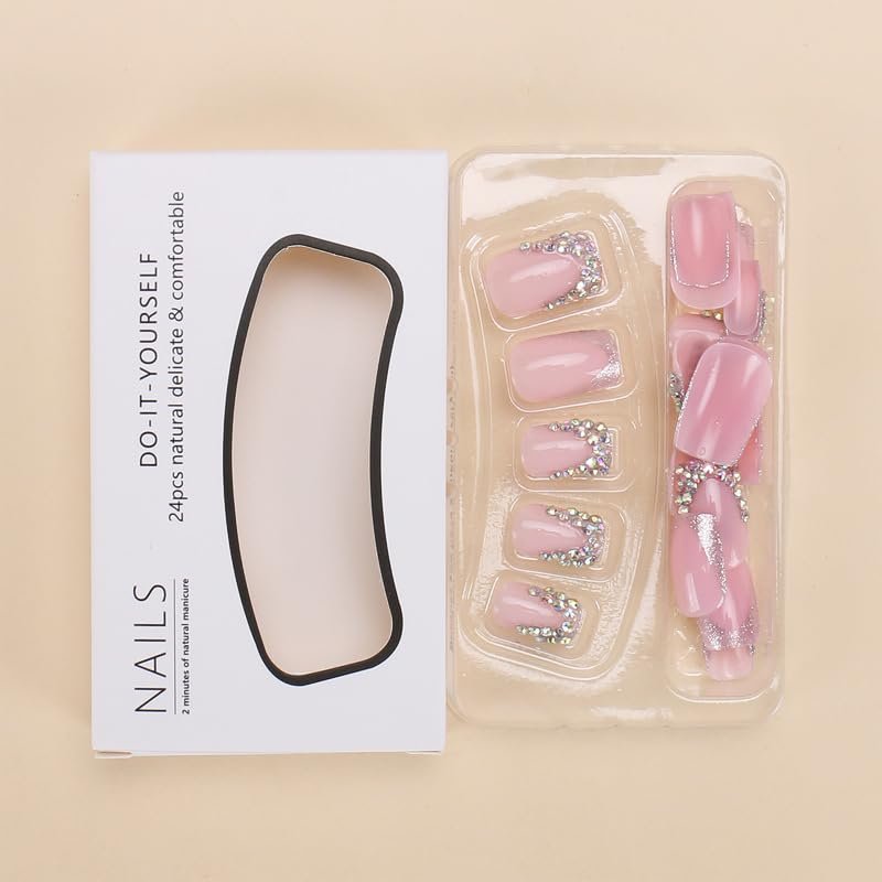 QQPPOLIU Short Press on Nails Square Rhinestone French Tips - Cute Fake Nails for Girls (Pink & Silver) - görsel 5