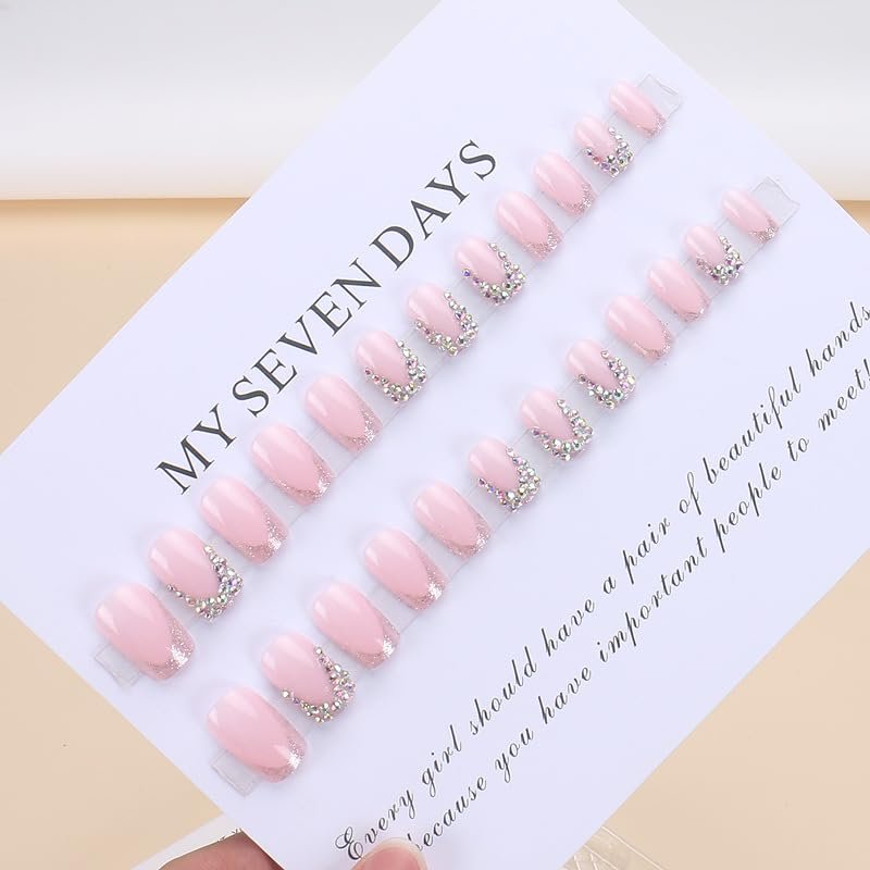 QQPPOLIU Short Press on Nails Square Rhinestone French Tips - Cute Fake Nails for Girls (Pink & Silver) - görsel 7